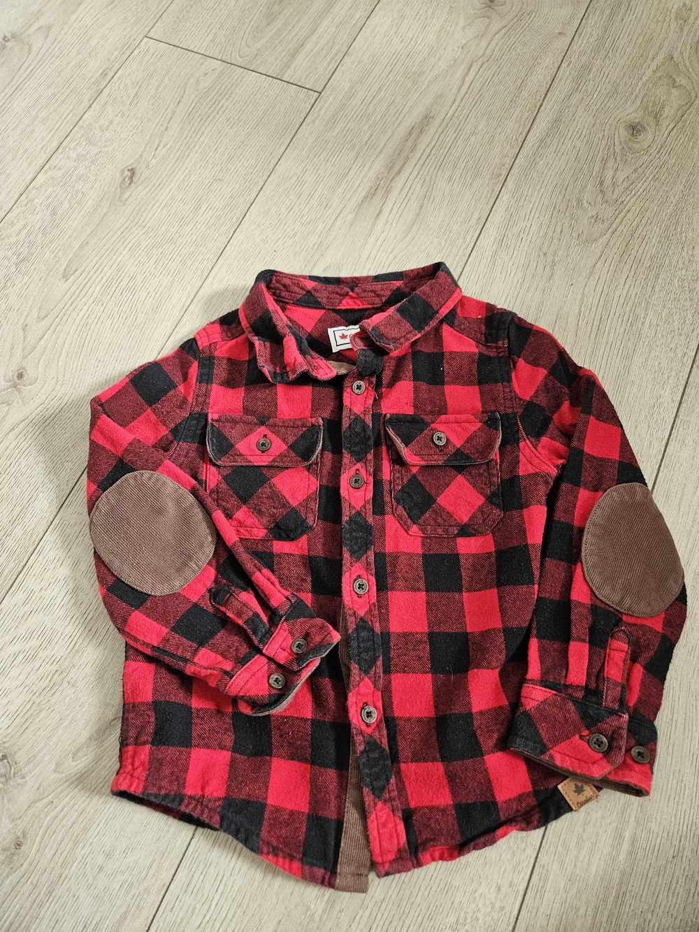 Canadiana Boys 5T Red Black Buffalo Plaid Flannel Shirt Elbow Patches